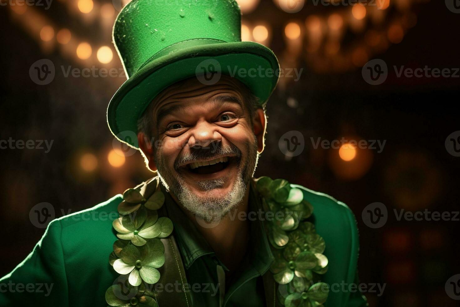 AI generated Portrait of a happy leprechaun with clover leaves. St. Patrick's Day. photo