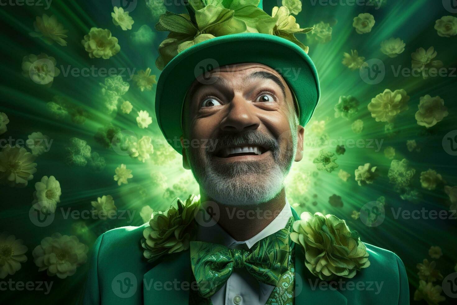 AI generated Portrait of a happy leprechaun with clover leaves. St. Patrick's Day. photo