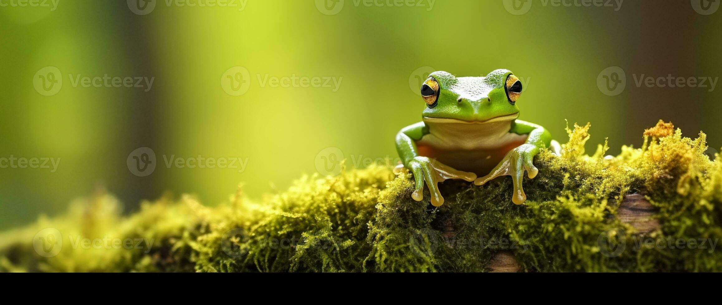 AI generated Green tree frog sitting on moss in the rainforest. Wildlife scene from nature. photo