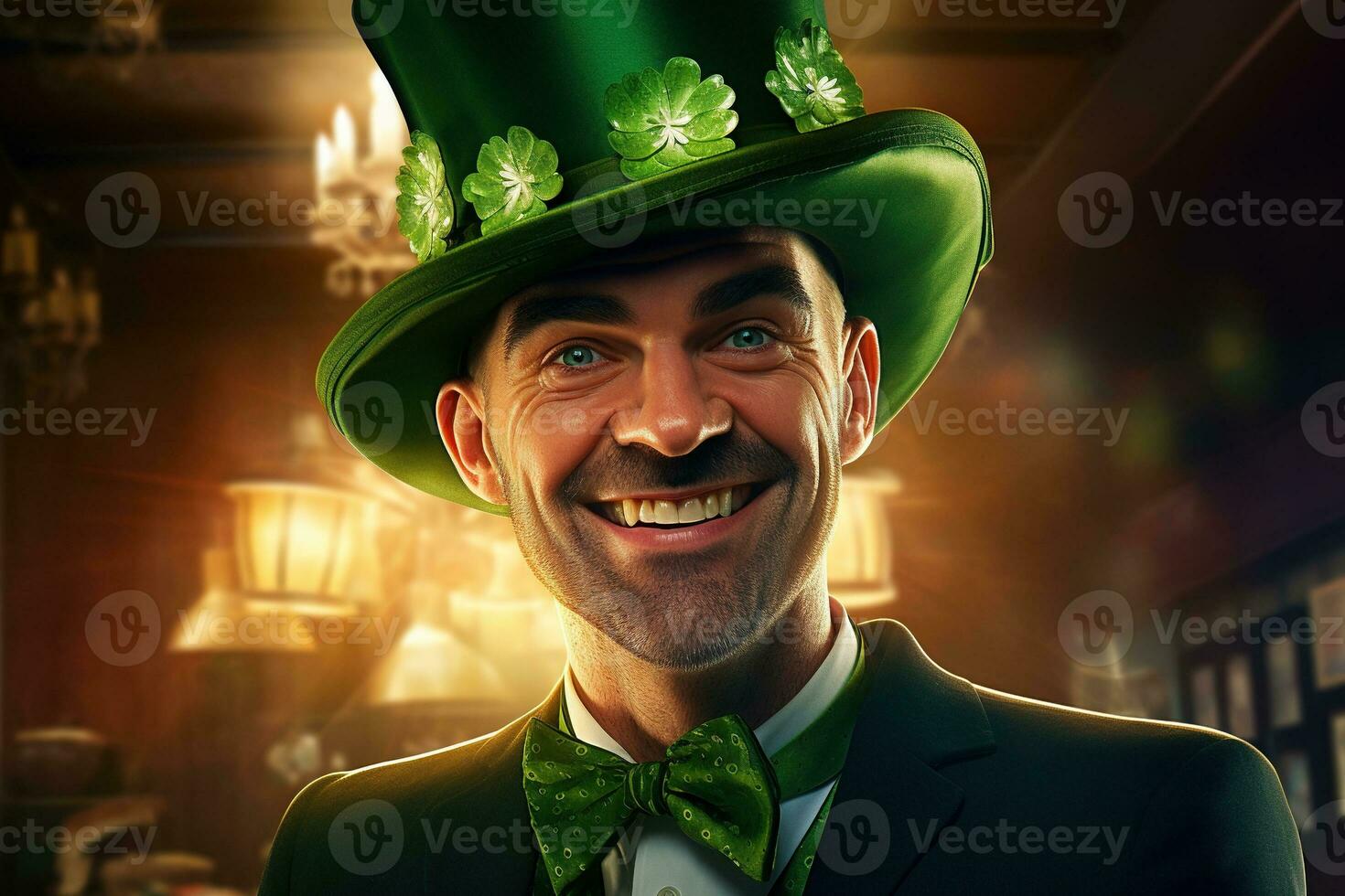 AI generated Portrait of a happy leprechaun with clover leaves. St. Patrick's Day. photo