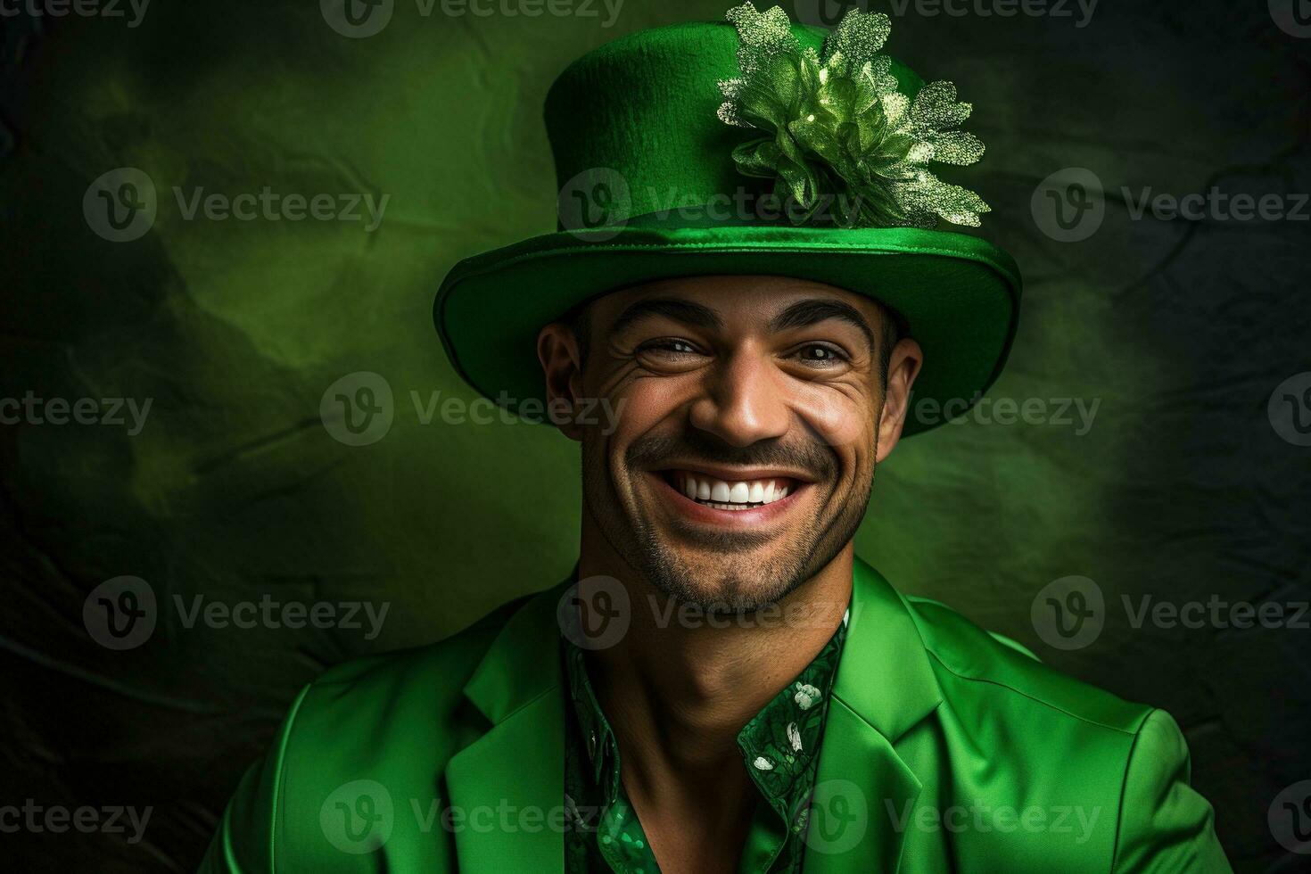 AI generated Portrait of a happy leprechaun with clover leaves. St. Patrick's Day. photo