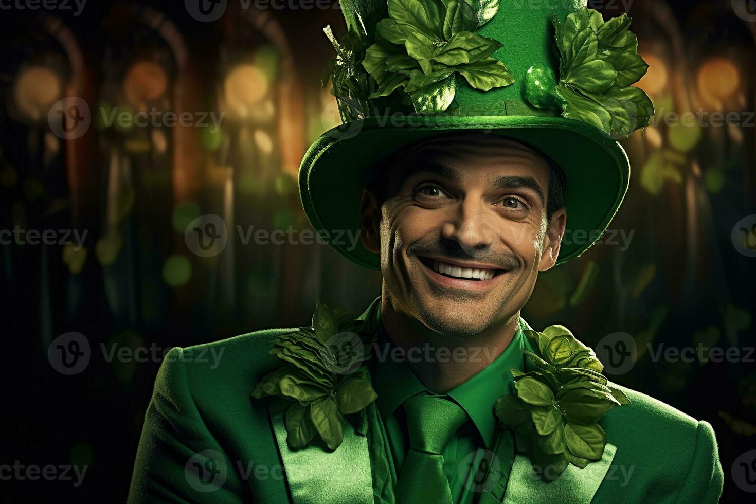 AI generated Portrait of a happy leprechaun with clover leaves. St. Patrick's Day. photo