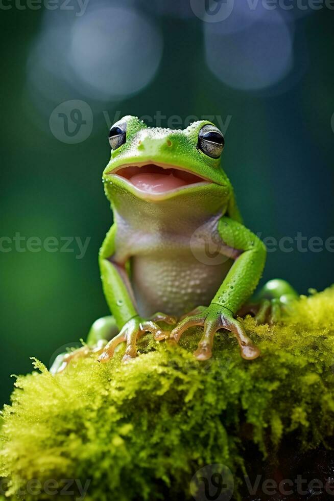 AI generated Green tree frog sitting on moss in the rainforest. Wildlife scene from nature. photo