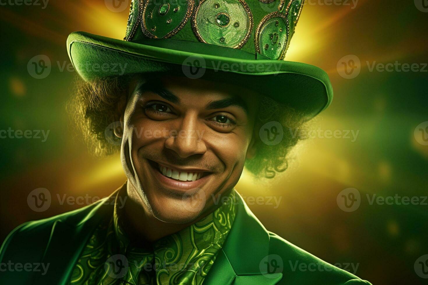 AI generated Portrait of a happy leprechaun with clover leaves. St. Patrick's Day. photo