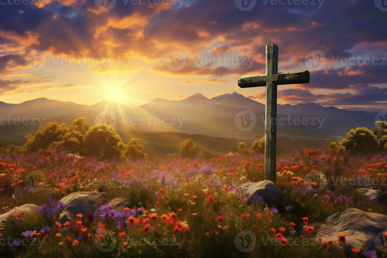 AI generated Cross on the meadow with flowers at sunset. photo
