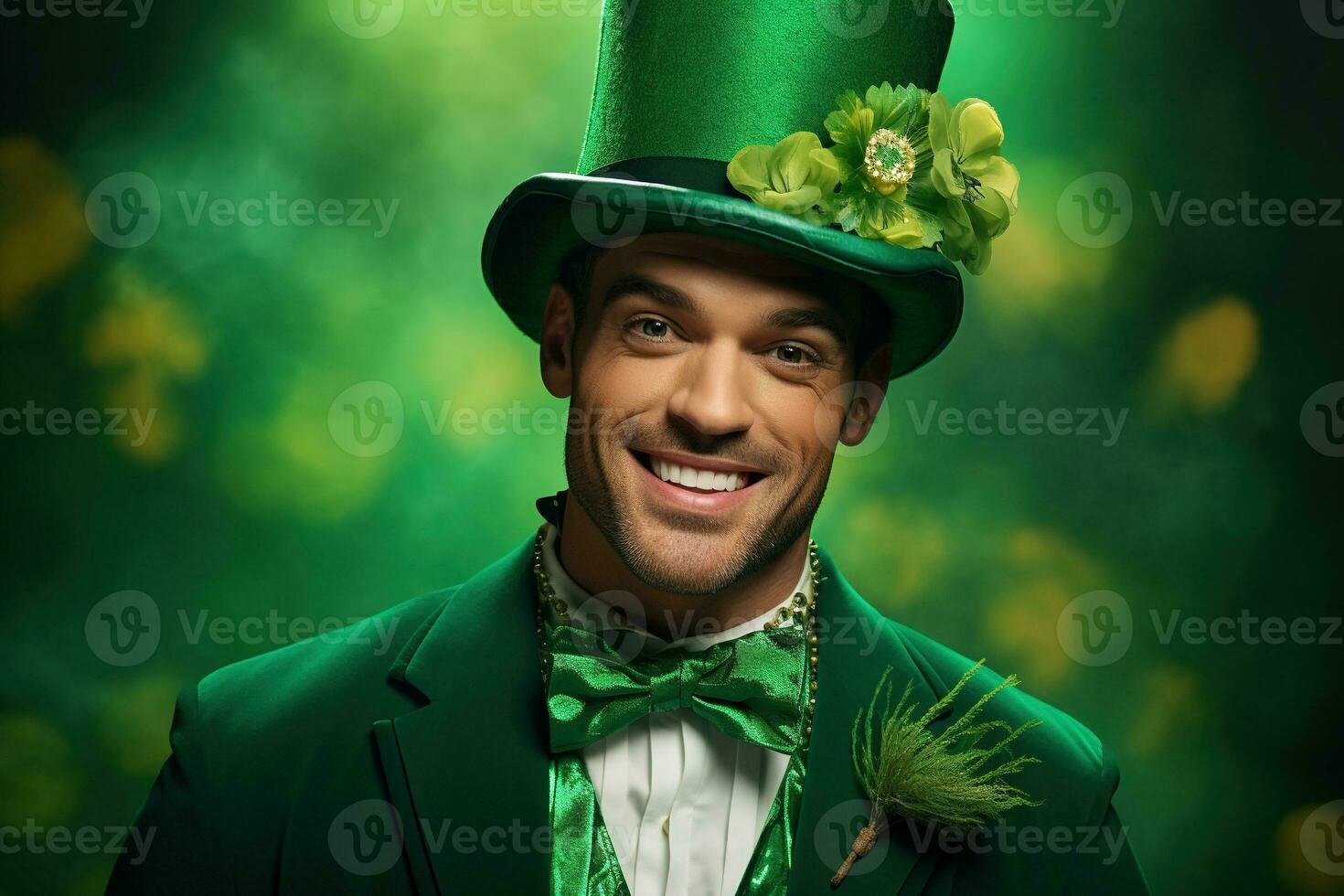 AI generated Portrait of a happy leprechaun with clover leaves. St. Patrick's Day. photo