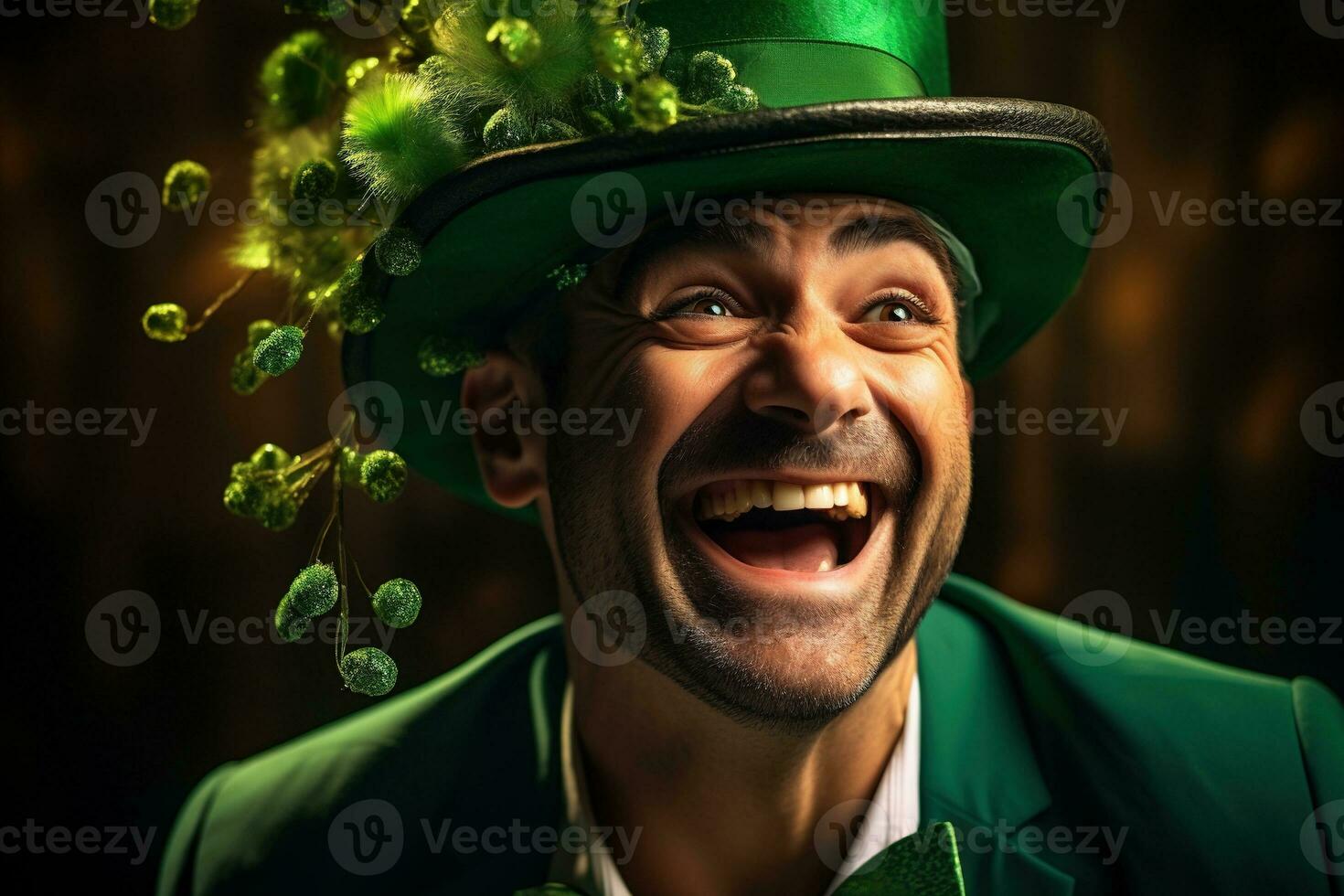 AI generated Portrait of a happy leprechaun with clover leaves. St. Patrick's Day. photo