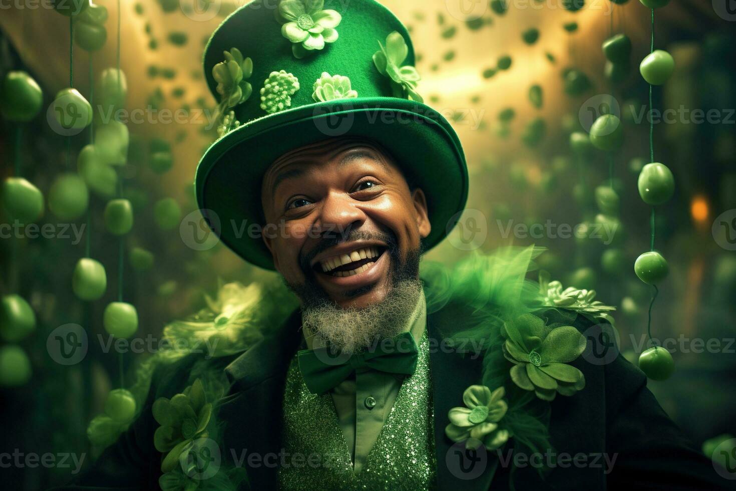 AI generated Portrait of a happy leprechaun with clover leaves. St. Patrick's Day. photo