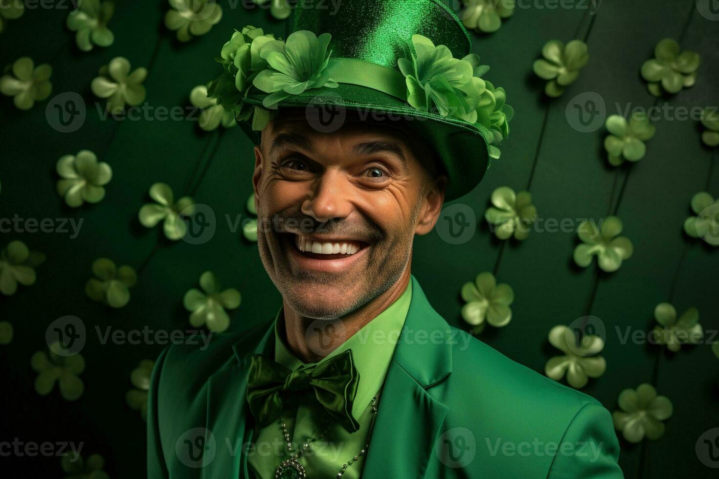 AI generated Portrait of a happy leprechaun with clover leaves. St. Patrick's Day. photo