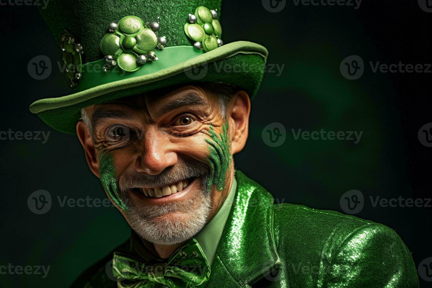 AI generated Portrait of a happy leprechaun with clover leaves. St. Patrick's Day. photo