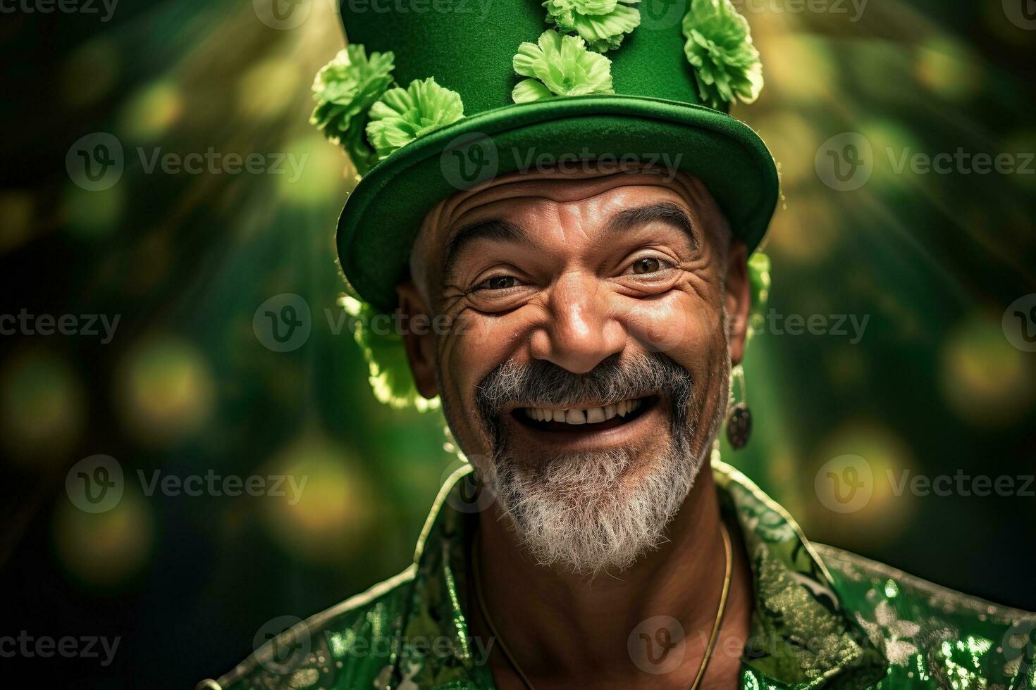 AI generated Portrait of a happy leprechaun with clover leaves. St. Patrick's Day. photo