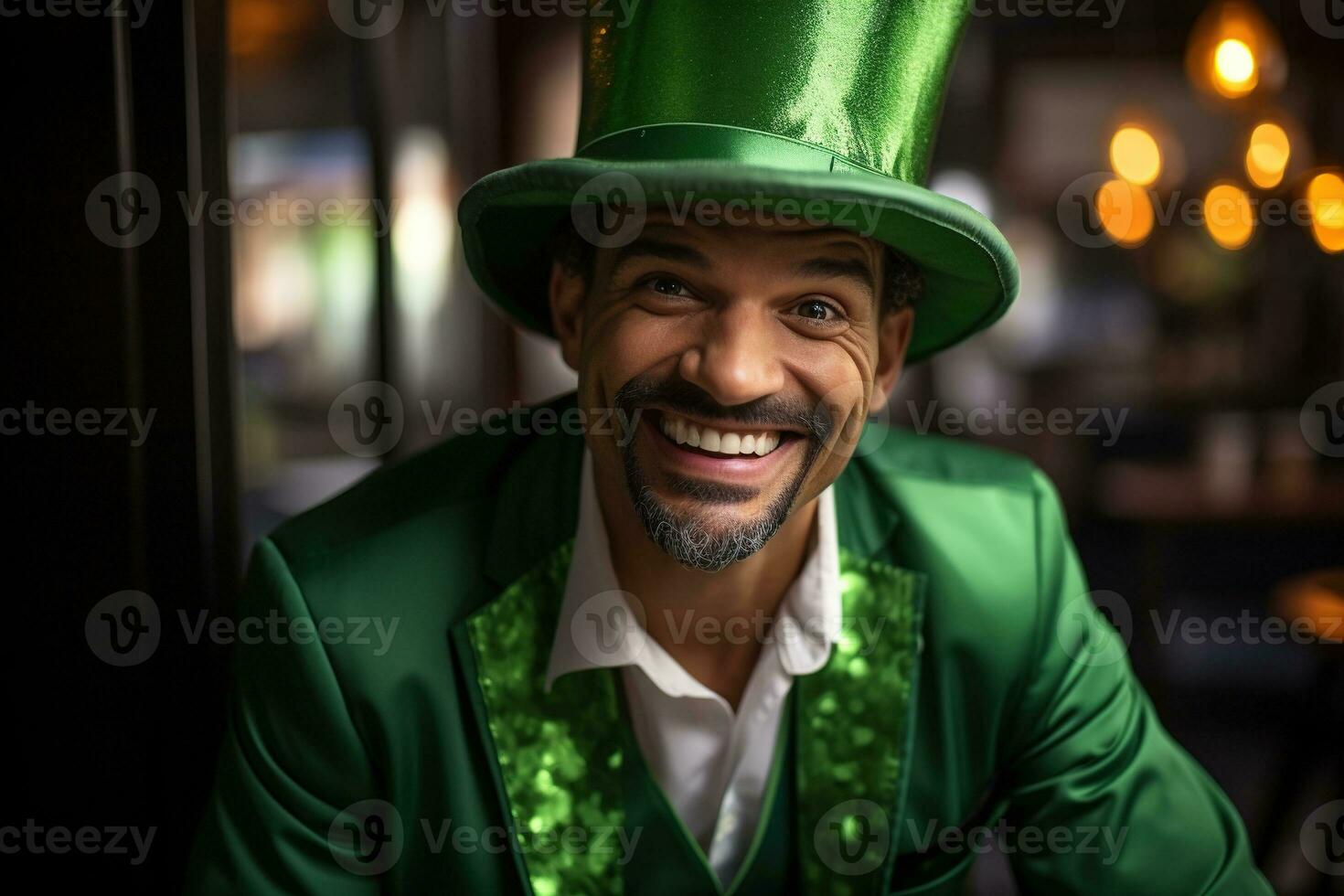 AI generated Portrait of a happy leprechaun with clover leaves. St. Patrick's Day. photo
