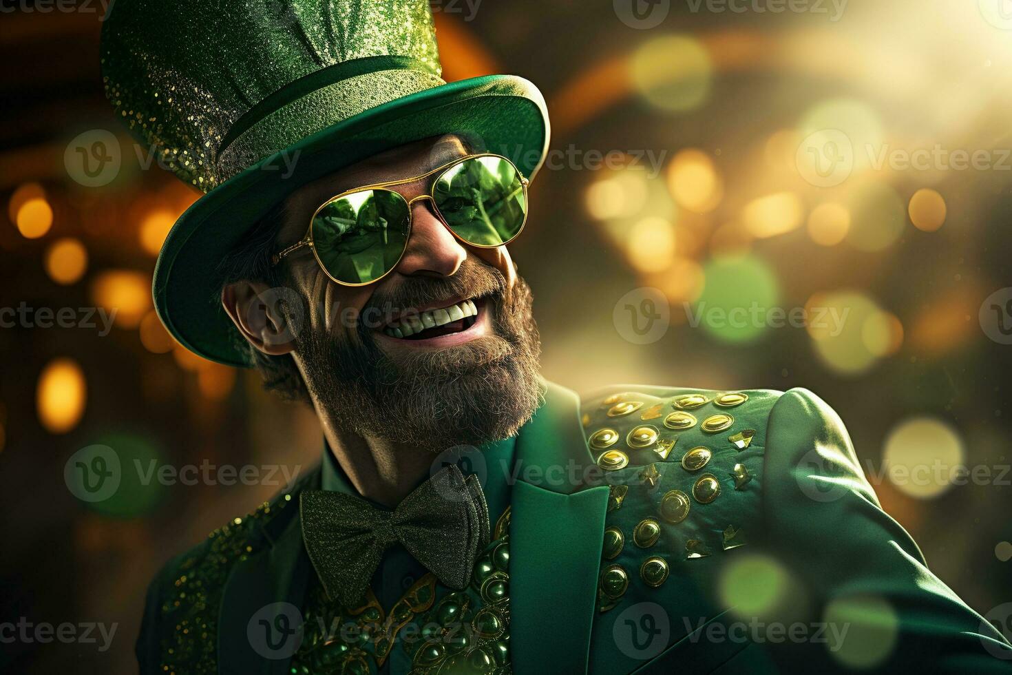 AI generated Portrait of a happy leprechaun with clover leaves. St. Patrick's Day. photo