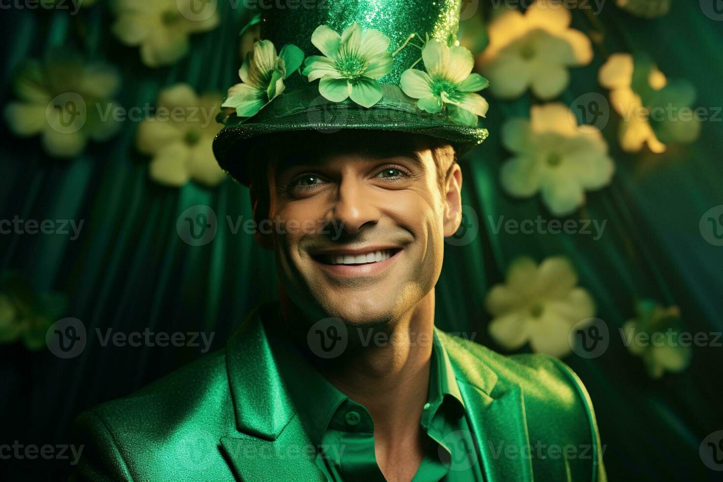 AI generated Portrait of a happy leprechaun with clover leaves. St. Patrick's Day. photo