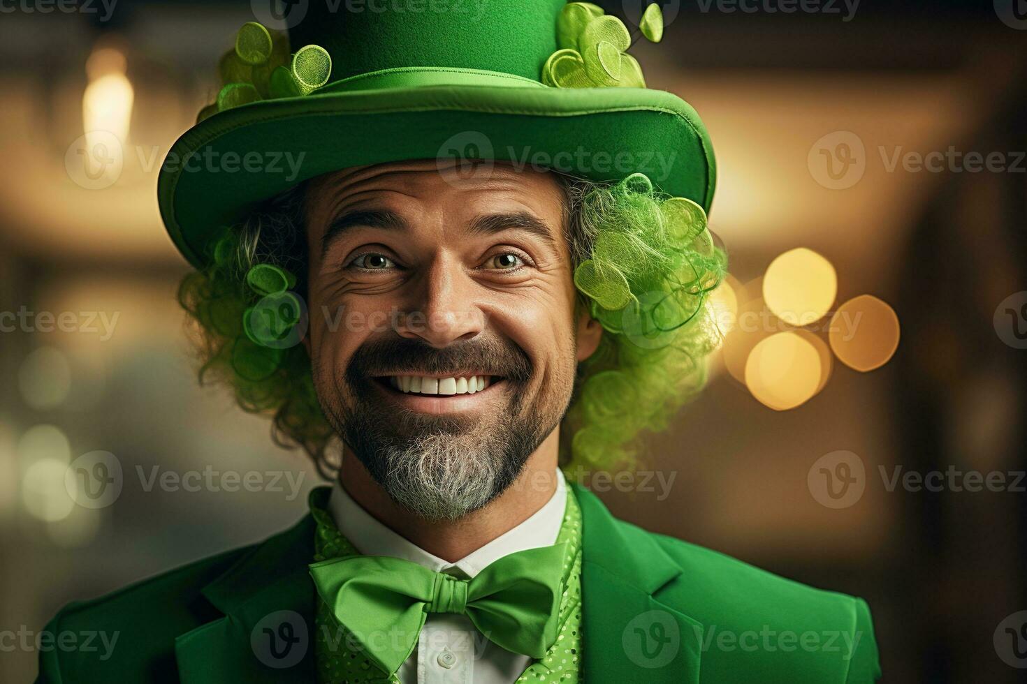 AI generated Portrait of a happy leprechaun with clover leaves. St. Patrick's Day. photo