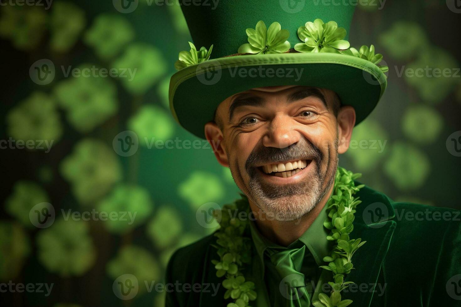 AI generated Portrait of a happy leprechaun with clover leaves. St. Patrick's Day. photo