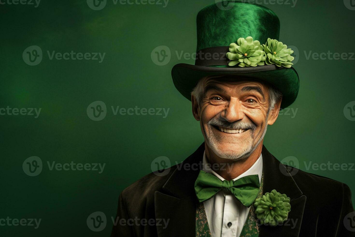 AI generated Portrait of a happy leprechaun with clover leaves. St. Patrick's Day. photo