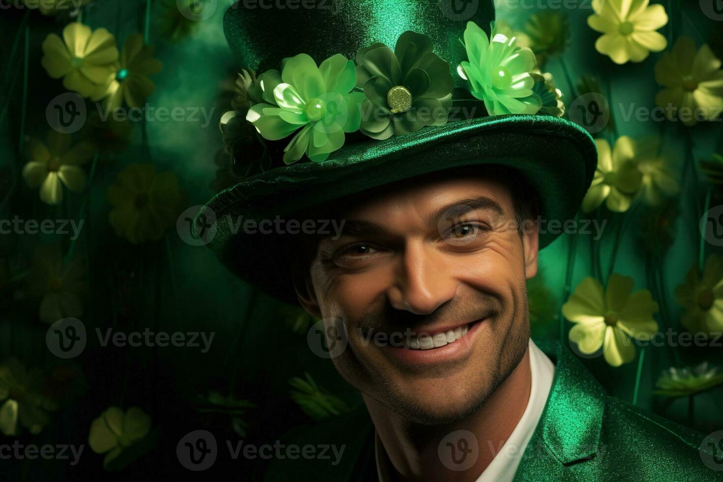 AI generated Portrait of a happy leprechaun with clover leaves. St. Patrick's Day. photo