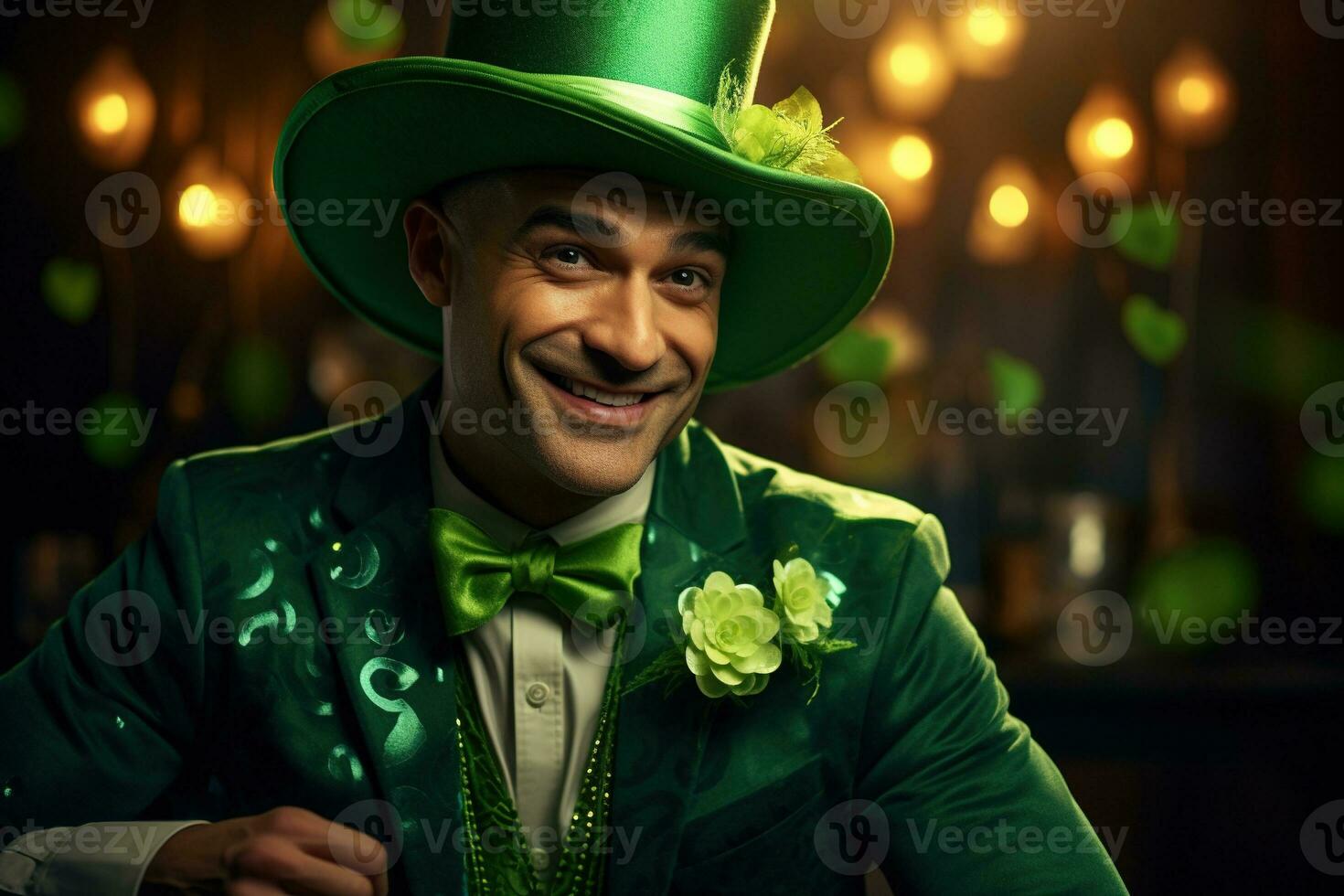 AI generated Portrait of a happy leprechaun with clover leaves. St. Patrick's Day. photo