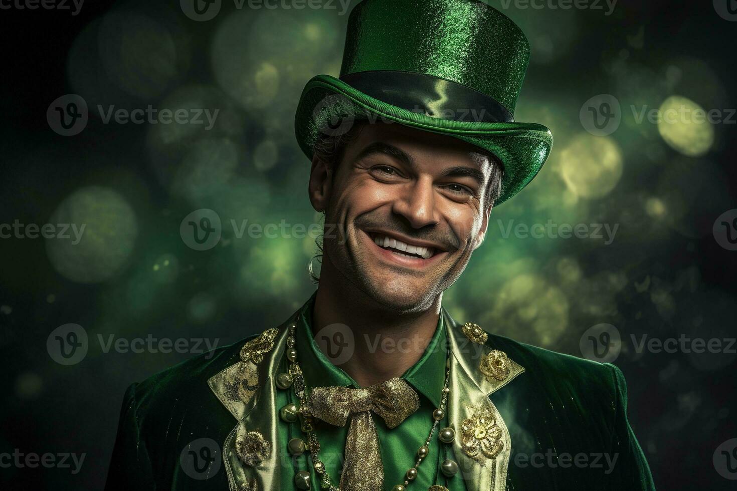 AI generated Portrait of a happy leprechaun with clover leaves. St. Patrick's Day. photo