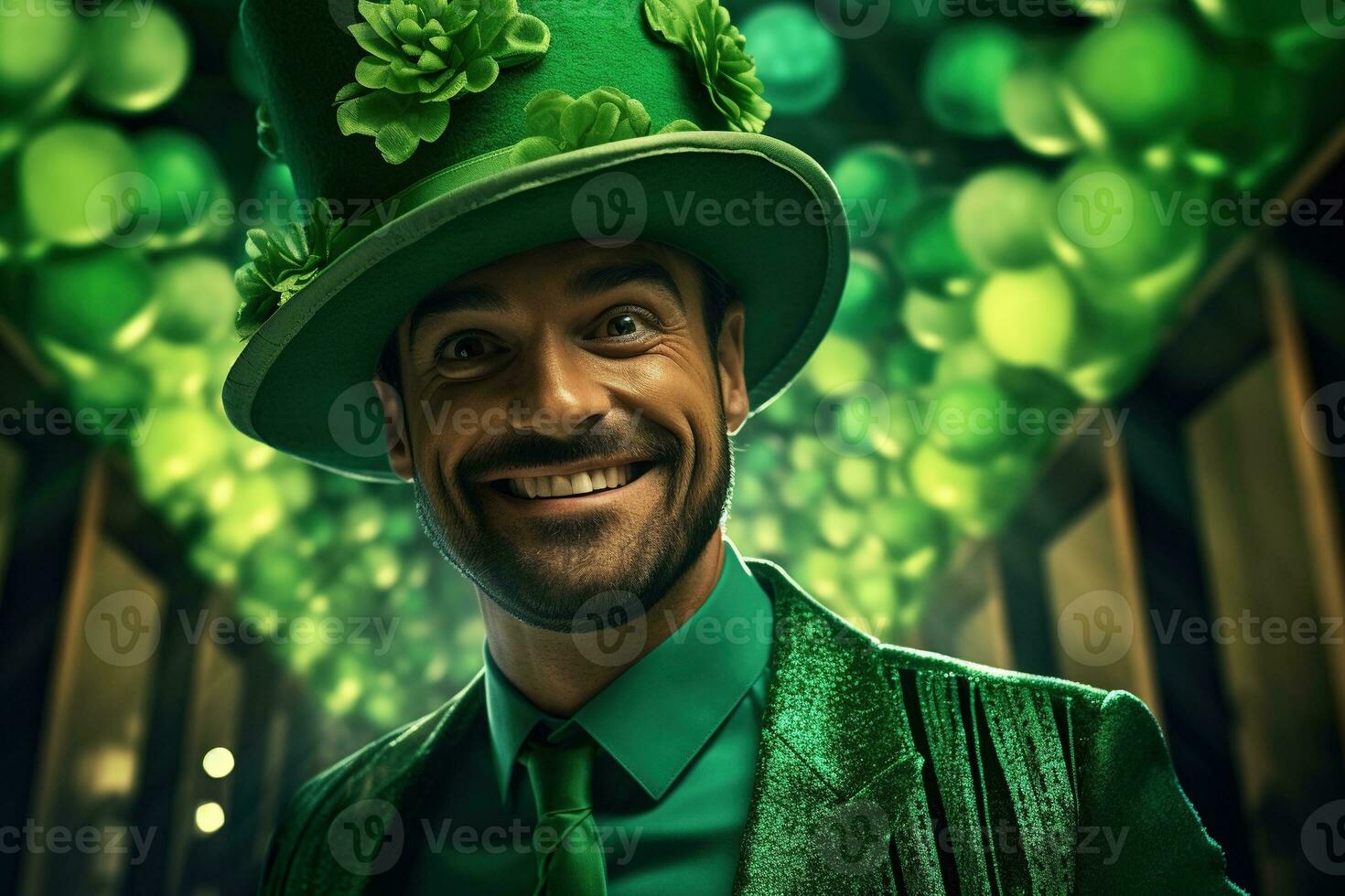 AI generated Portrait of a happy leprechaun with clover leaves. St. Patrick's Day. photo