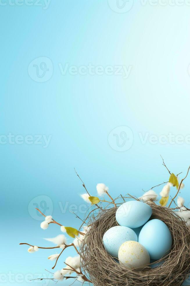 ai generado Pascua de Resurrección huevos en un nido en un azul antecedentes foto