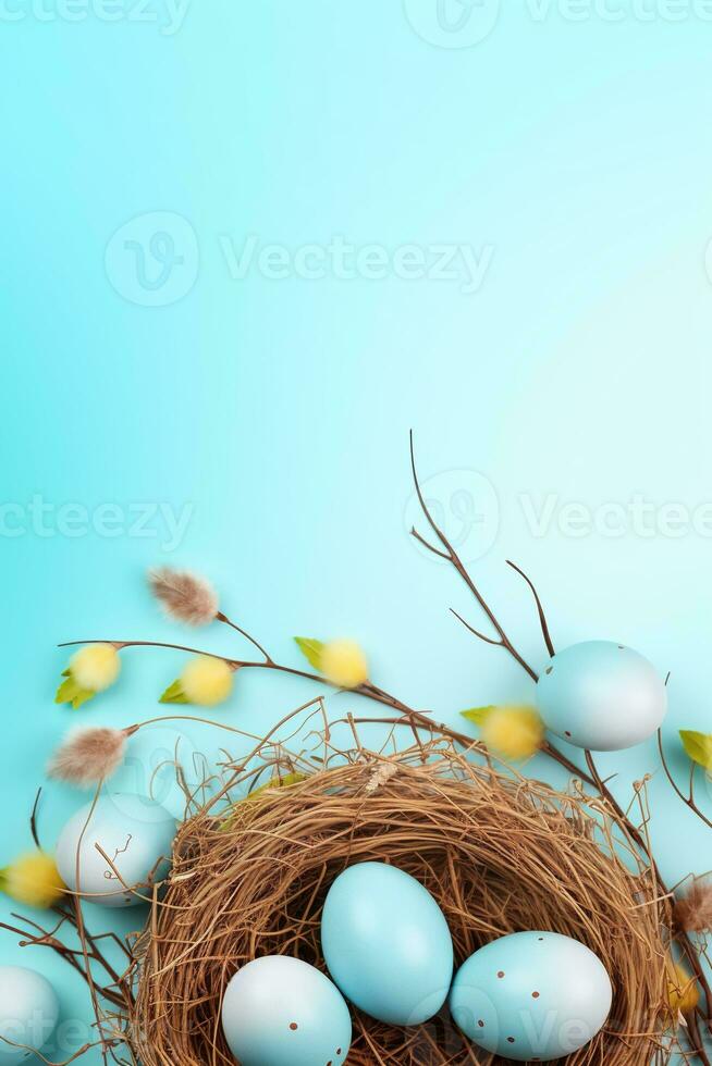 AI generated Easter eggs in a nest on a blue background photo