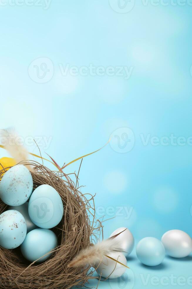 AI generated Easter eggs in a nest on a blue background photo