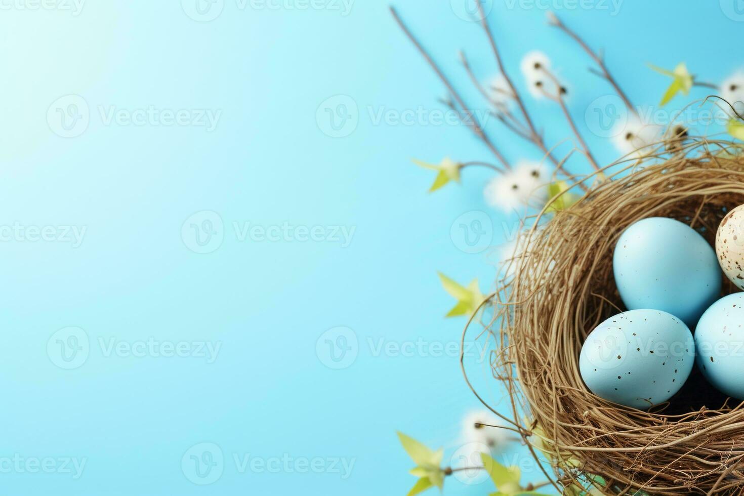 AI generated Easter eggs in a nest on a blue background photo