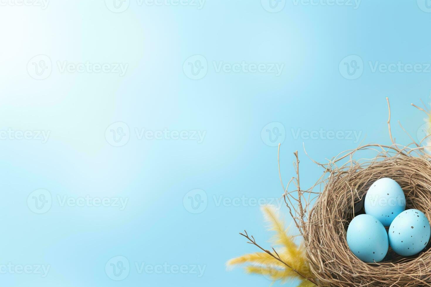 AI generated Easter eggs in a nest on a blue background photo