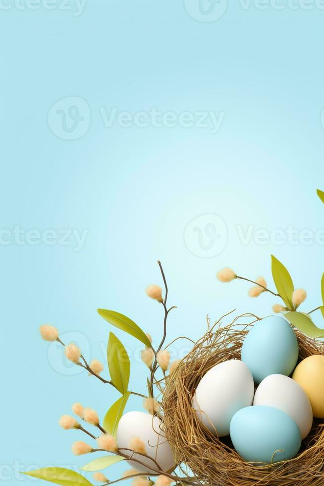 AI generated Easter eggs in a nest on a blue background photo