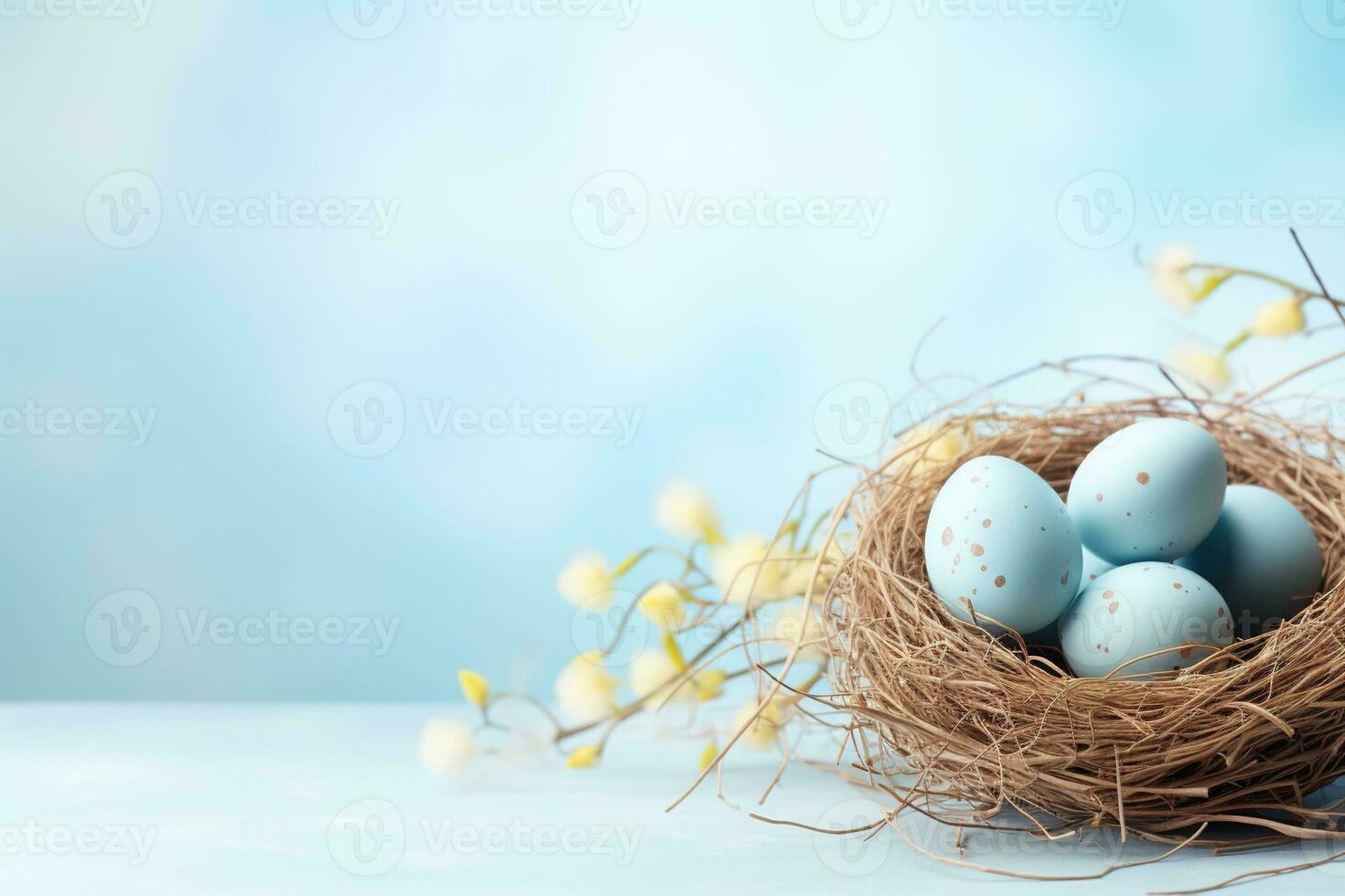 AI generated Easter eggs in a nest on a blue background photo