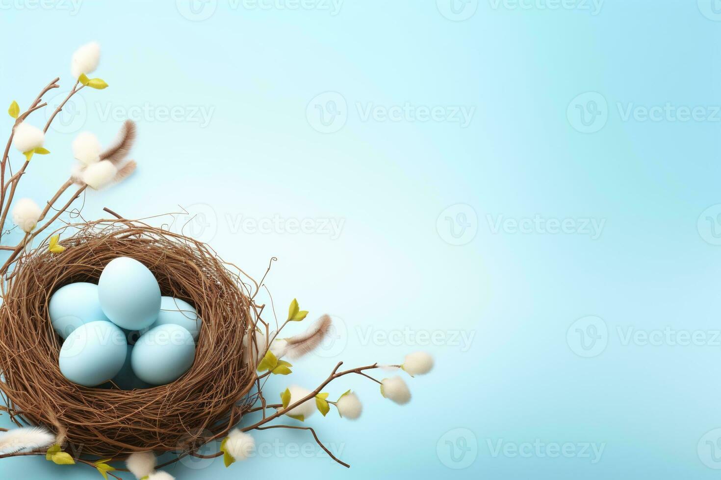 AI generated Easter eggs in a nest on a blue background photo