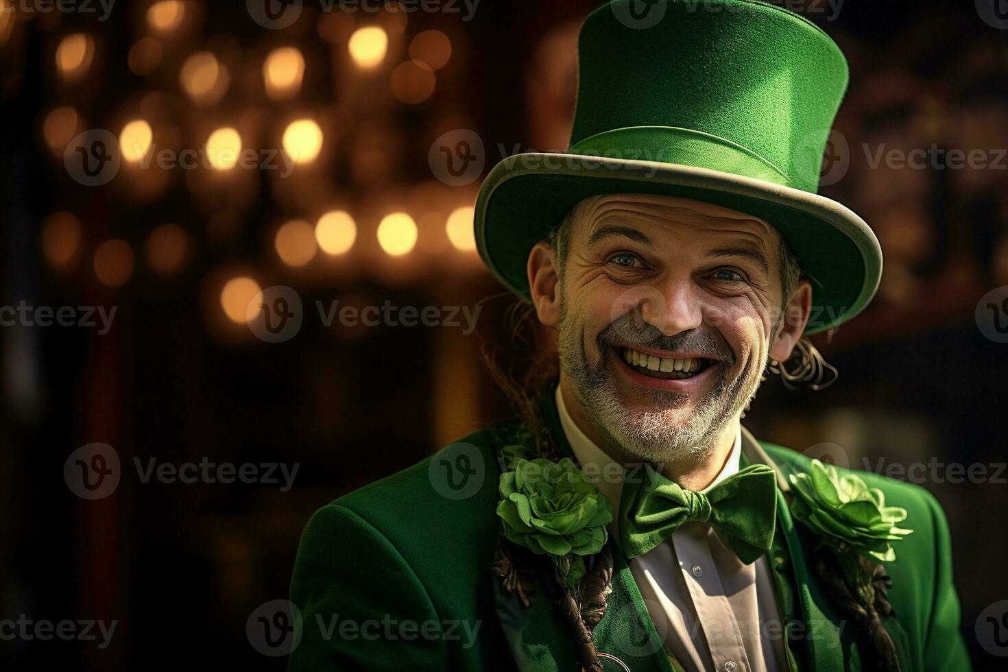 AI generated Portrait of a happy leprechaun with clover leaves. St. Patrick's Day. photo