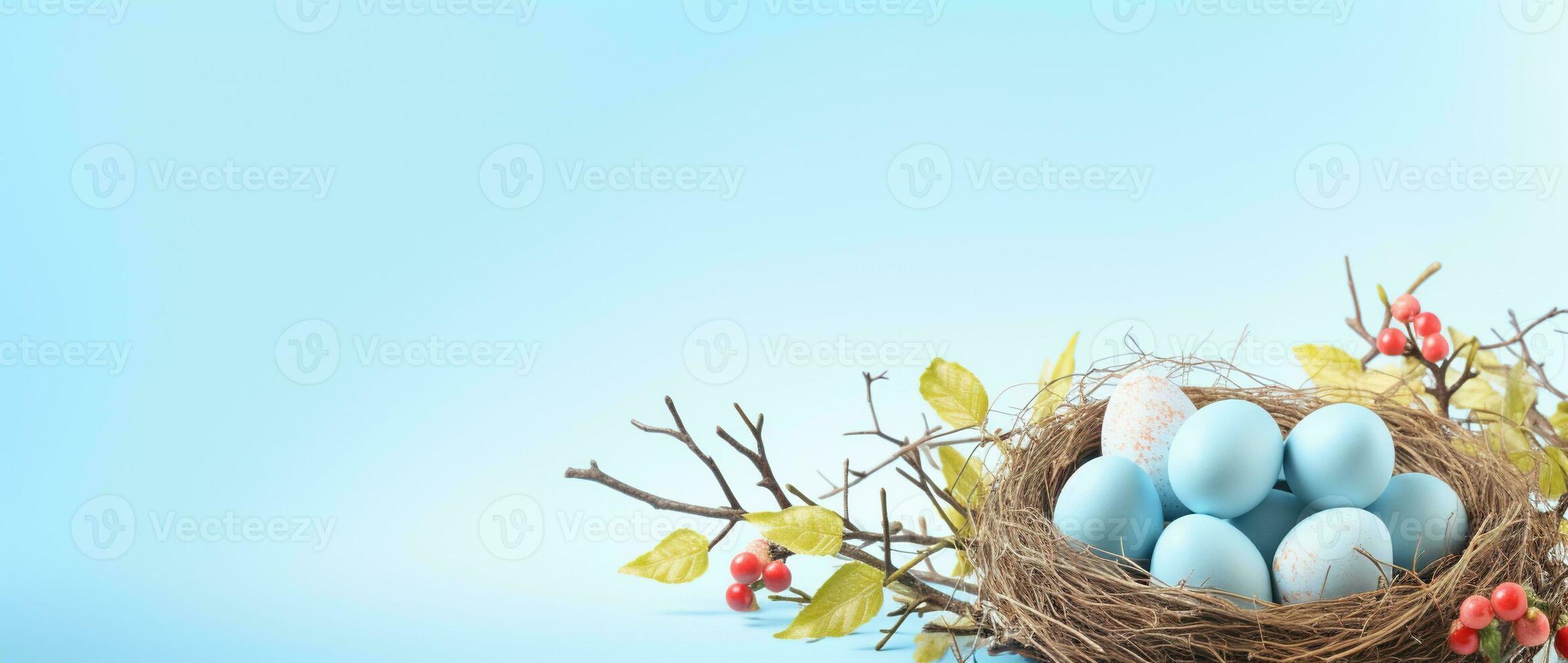 AI generated Easter eggs in a nest on a blue background photo