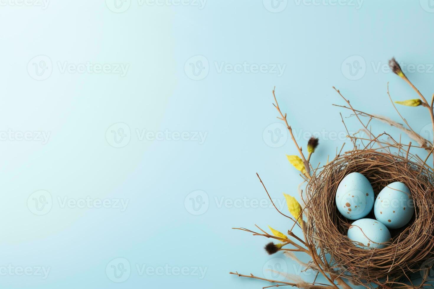 AI generated Easter eggs in a nest on a blue background photo