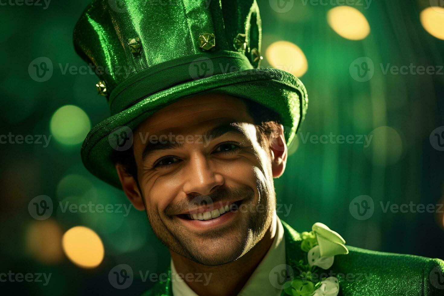 AI generated Portrait of a happy leprechaun with clover leaves. St. Patrick's Day. photo