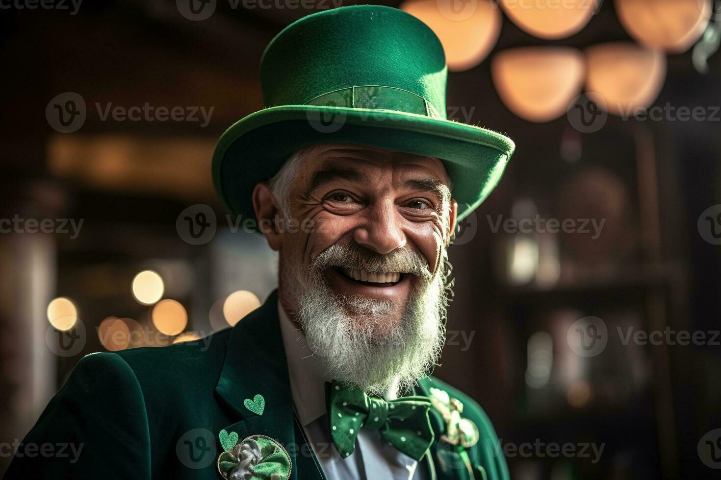 AI generated Portrait of a happy leprechaun with clover leaves. St. Patrick's Day. photo