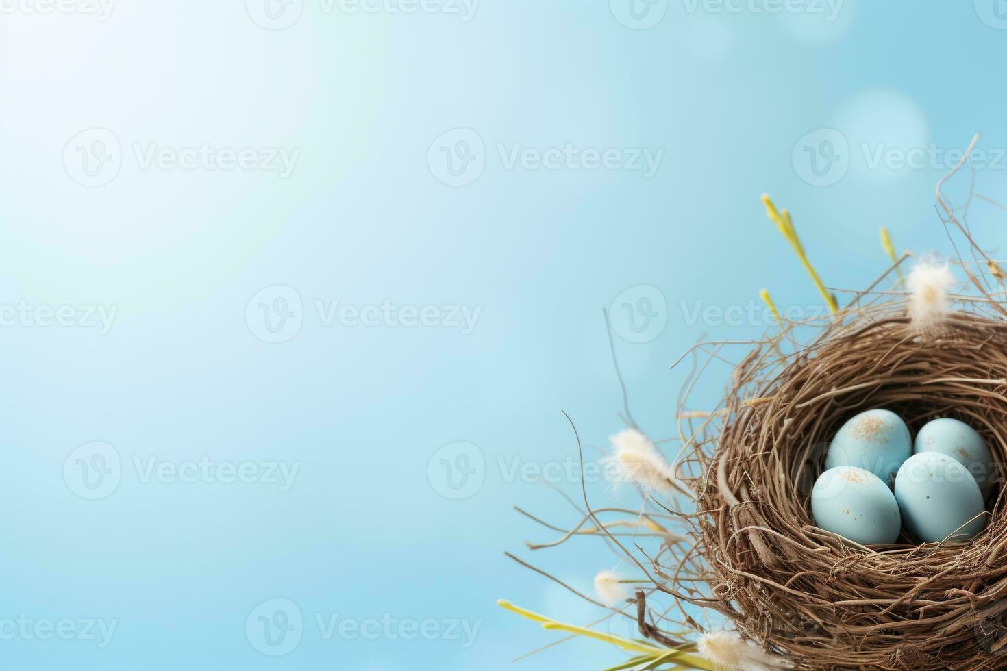 ai generado Pascua de Resurrección huevos en un nido en un azul antecedentes foto