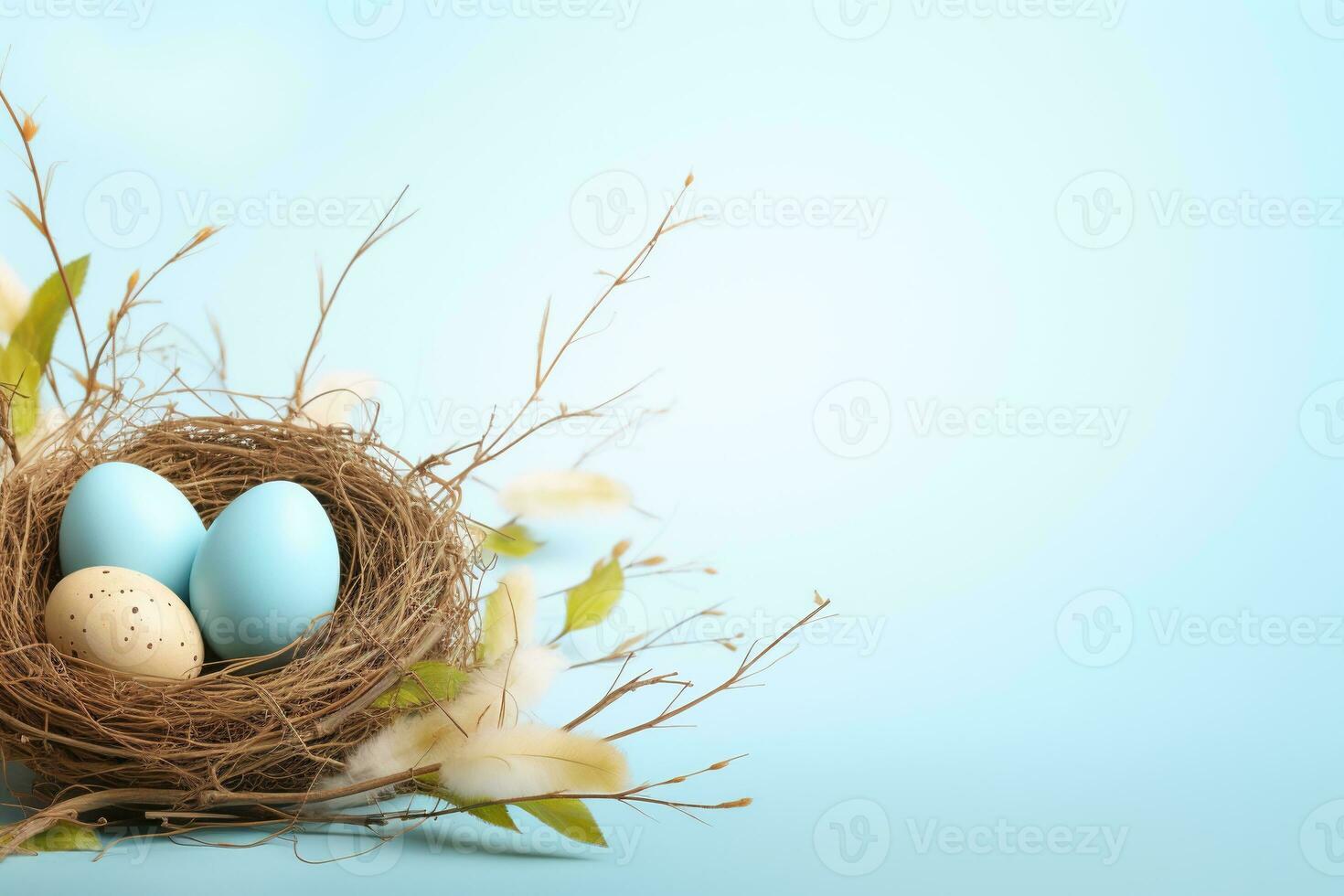 AI generated Easter eggs in a nest on a blue background photo