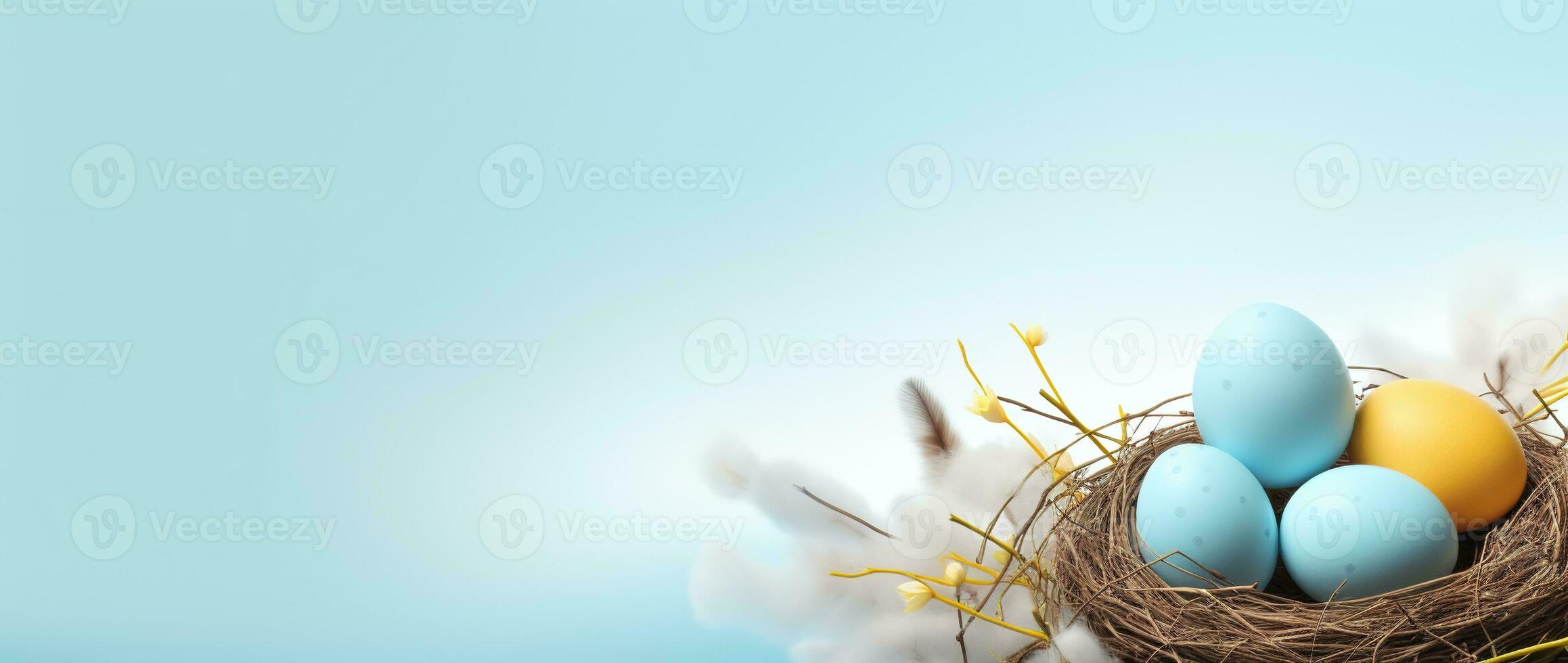 AI generated Easter eggs in a nest on a blue background photo