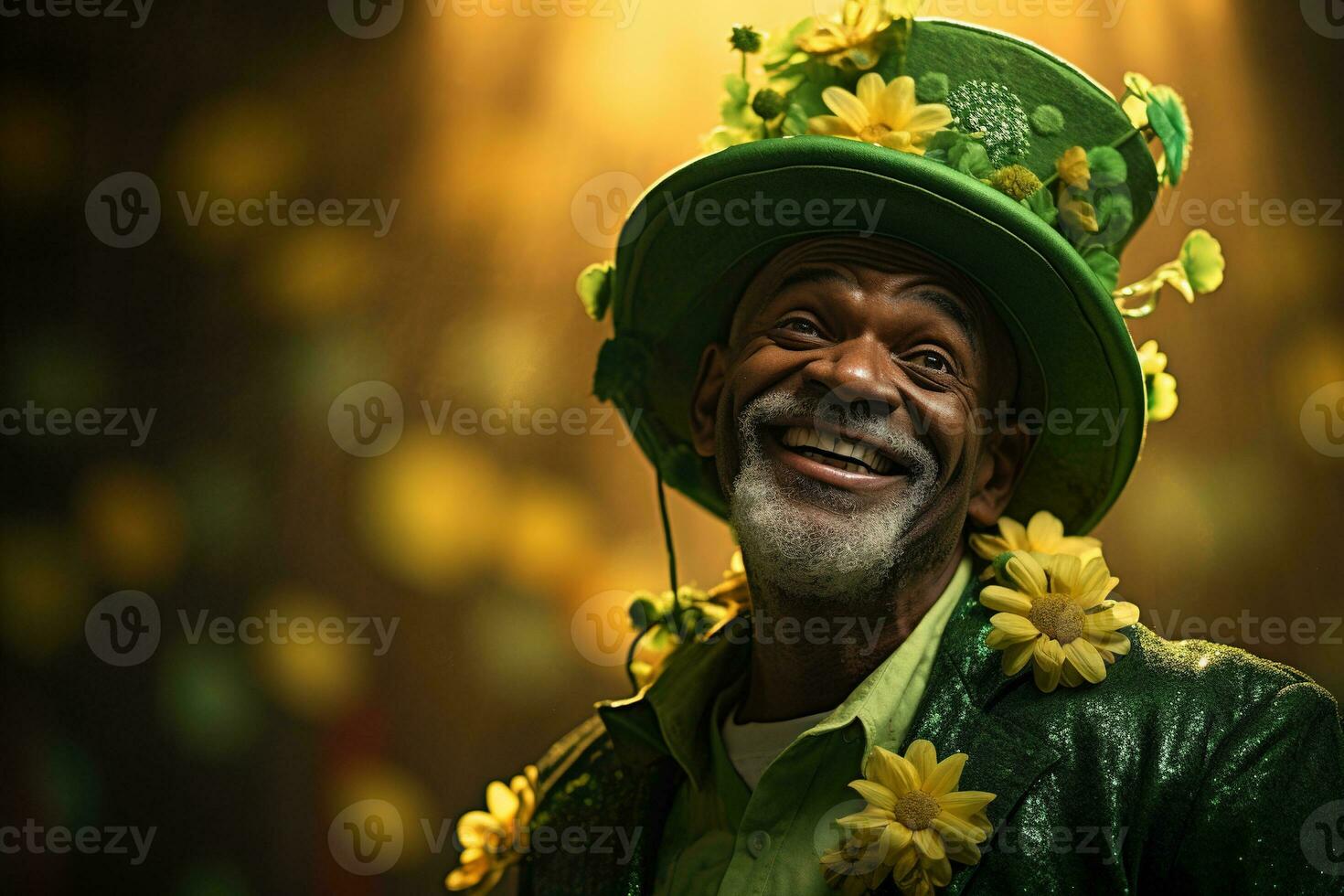 AI generated Portrait of a happy leprechaun with clover leaves. St. Patrick's Day. photo