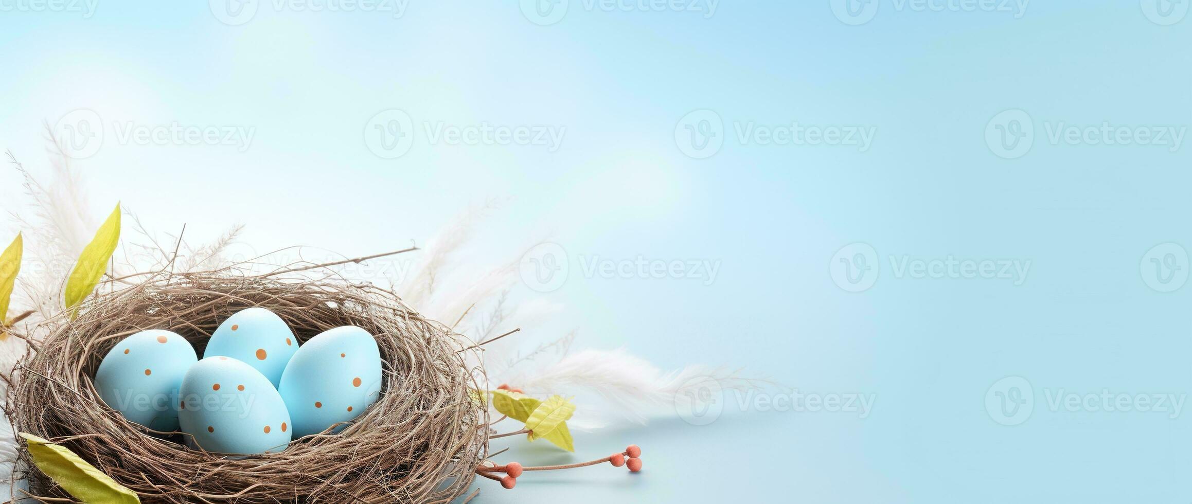 AI generated Easter eggs in a nest on a blue background photo