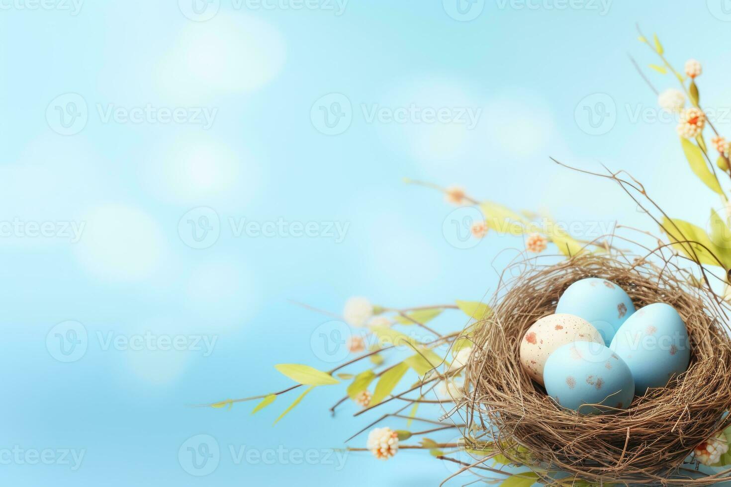 AI generated Easter eggs in a nest on a blue background photo