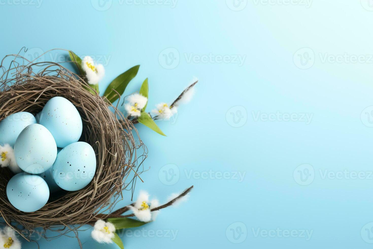 AI generated Easter eggs in a nest on a blue background photo