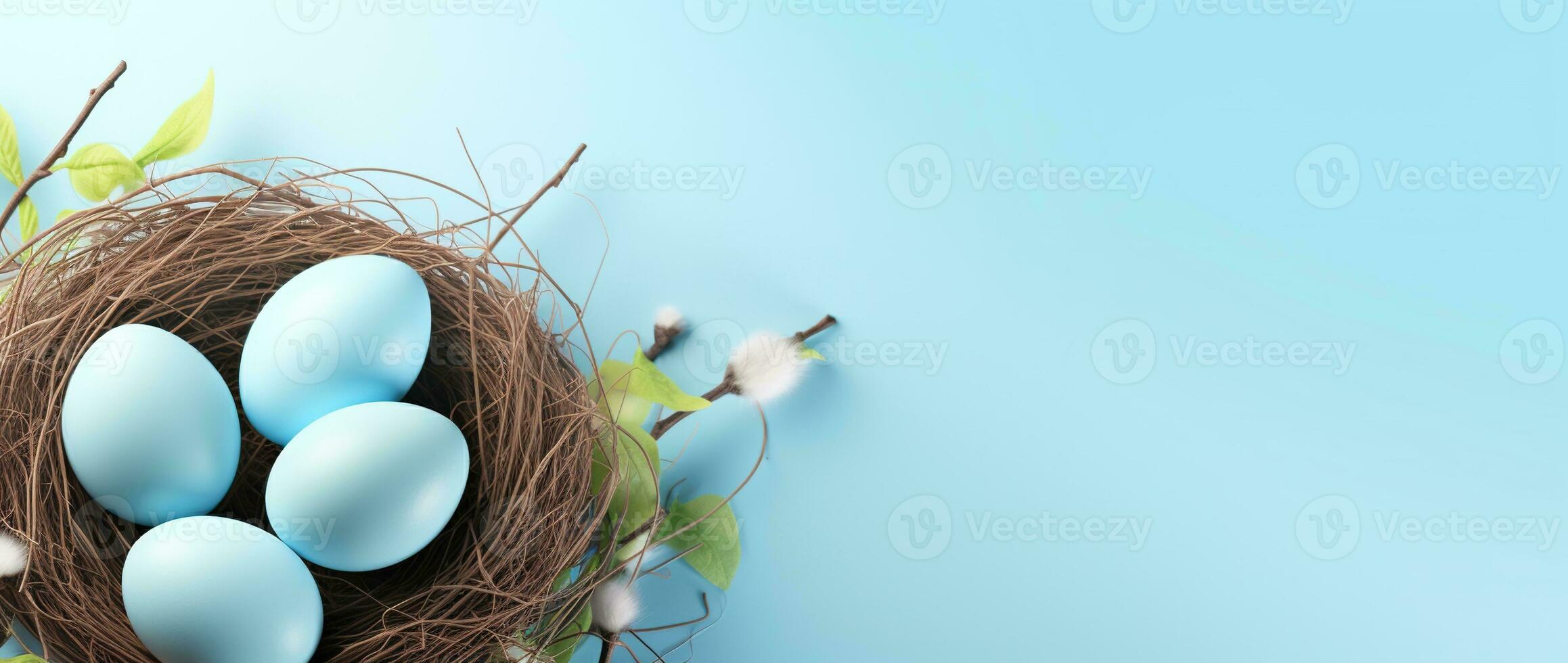 AI generated Easter eggs in a nest on a blue background photo