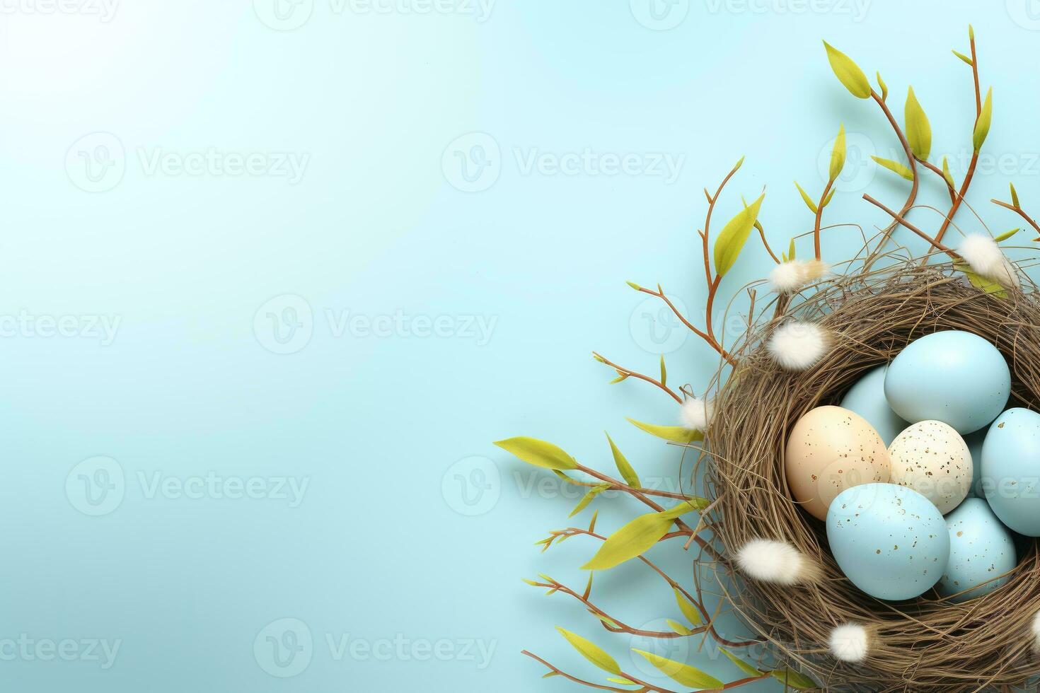 AI generated Easter eggs in a nest on a blue background photo