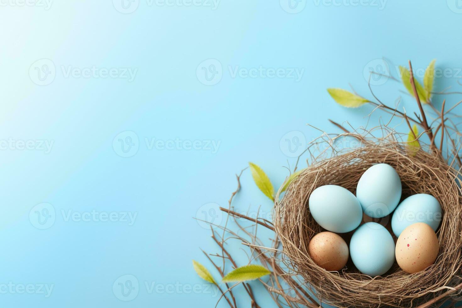 AI generated Easter eggs in a nest on a blue background photo