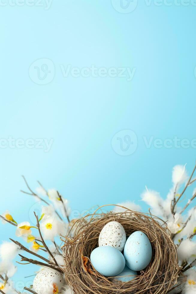 AI generated Easter eggs in a nest on a blue background photo
