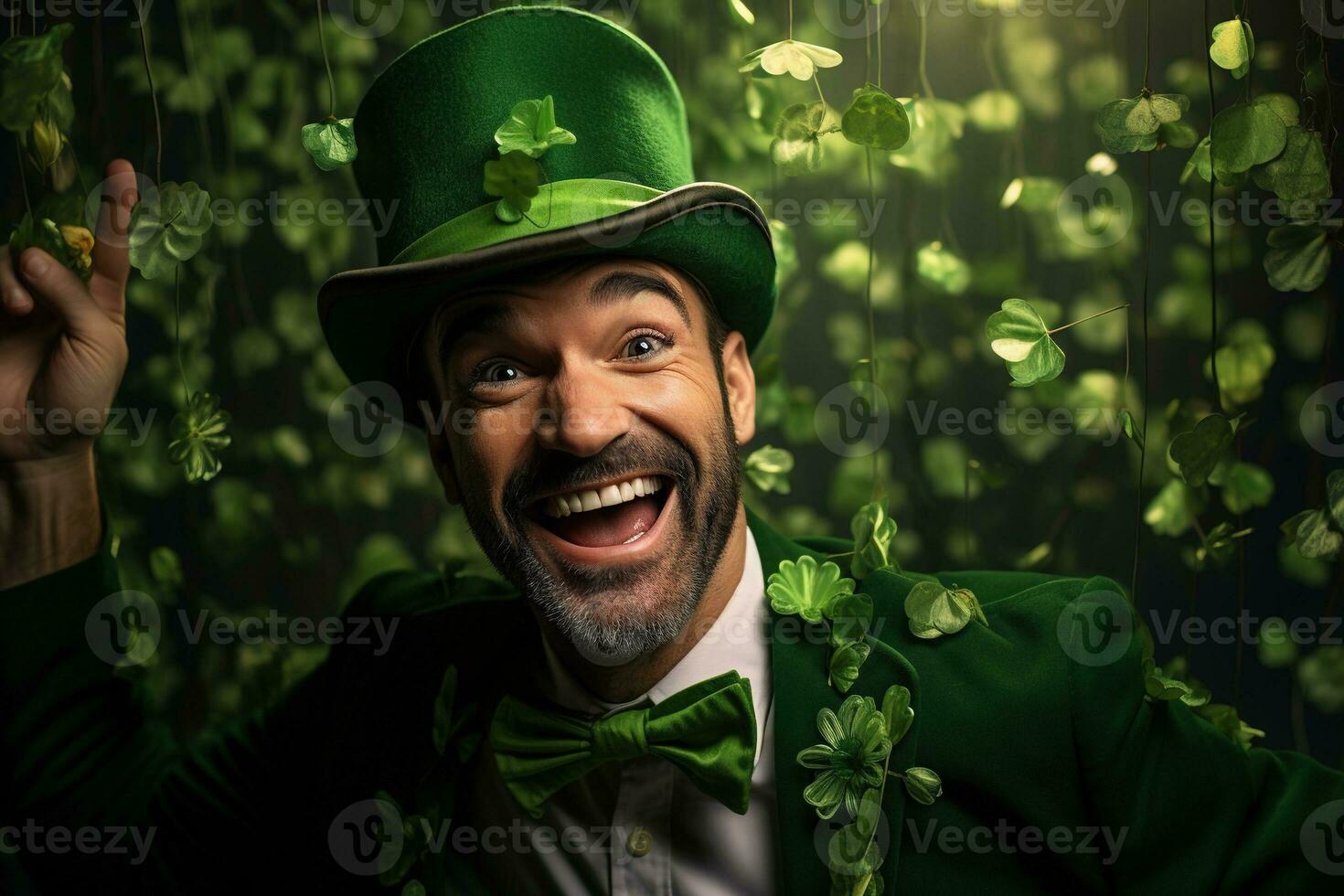 AI generated Portrait of a happy leprechaun with clover leaves. St. Patrick's Day. photo